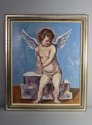 Framed Original Painting On Canvas Winged Cherub