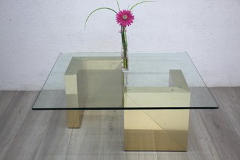 Modern Glass Coffee Table With V Shape Brass Base