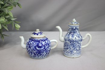 Two Chinese Pocelain Blue And White Teapots With Chrysanthemums