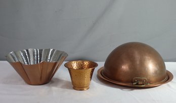 Vintage Copper Round Bottom French Mixing Bowl, Paul Revere Copper Tray, Hammered Copper Candleholder