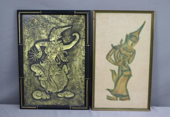 Silk Of Siam Temple Dancers And INDIA Hindu PRESSED Etched Water Color Paintings ART Rice Canvas