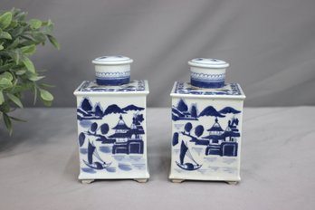 A Pair Of Vintage Chinoiserie Blue And White Porcelain Tea Caddies