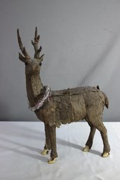 Folk Art Style Natural Bark Christmas Deer Figurine