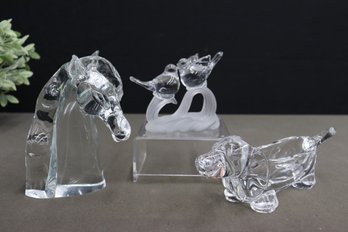 Group Lot Of 3 Crystal Animal Figurines - Love Birds, Horsehead, And Dachshund