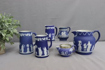 Group Lot Of Six Cobalt/white Wedgwood Jasperware Serving Pieces - 1 With Silver Plated Rim