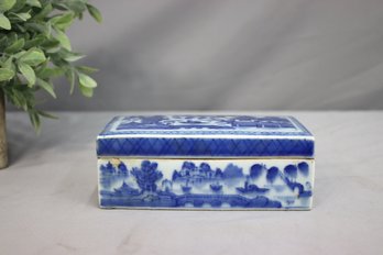 Chinoiserie Blue And White Divided Ceramic Decorative Box With Lid