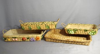 Vintage Woven Basket Embroidered Fruits And Veggies