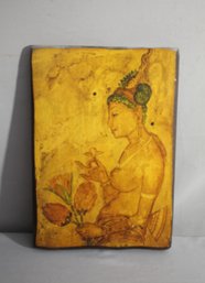 Traditional Asian Art: Hand-Painted Lotus Lady On Wood Panel