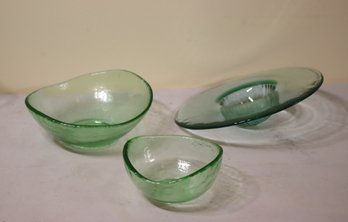 Group Lot Of Three Vintage Green Art Glass Bowls