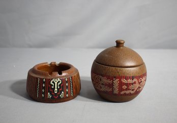 Handcrafted Coco Wood Set - Tribal Ashtray And Storage Pot