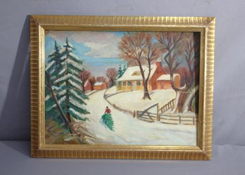 Winter Harmony: Charming Countryside Oil Painting