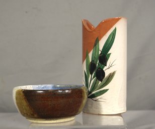 Vintage Ceramic Art Collection: Olive Branch Jug And Rustic Glazed Bowl