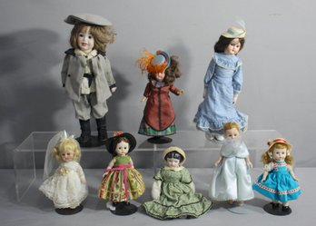 Group Lot Of 8 Vintage Well-dressed Dolls With/on Stands