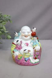 Vintage Chinese Porcelain Seated Happy Buddha Statuette With 5 Children