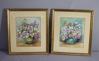 Two Vintage Watercolor & Pastel Floral Still Lifes, Signed