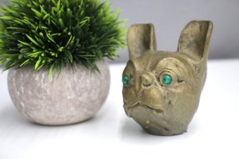 Brass French Bulldog Head With Green Stone In The Eyes