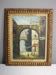 Vintage Original Oil On Canvas Old World View Though Arches Scene , Signed LR CJ Basha