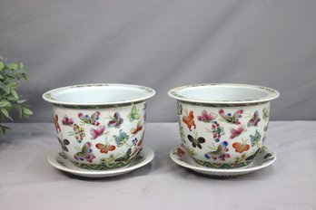 A Pair Of Vintage Chinese Famille Rose Butterfly Motif Planters And Underplates