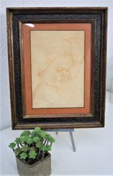 Artist Sketch Of Child Lithograph In Lovely Painted And Speckled Frame, Signed Hibel