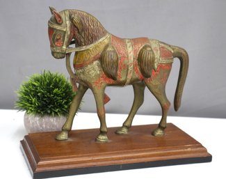 Vintage Brass Horse Enamel Color On A Wooden Base