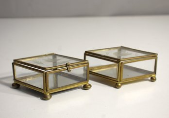 Pair Of SMALL BRASS DIAMOND SHAPED ETCHED GLASS MIRRORED KEEPSAKE TRINKET JEWELRY BOX