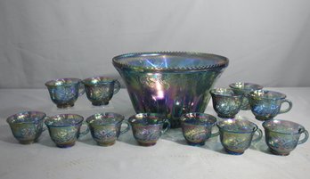 Indiana Carnival Glass Blue Iridescent Harvest Leaves Grape Punch Bowl Set-(Bowl-7'h X 12' Round )