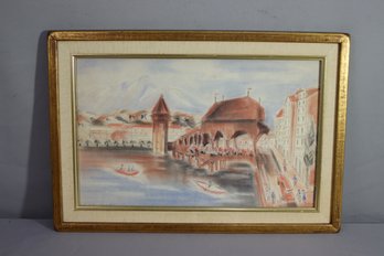 S. Salinger Venice View Colored Pencil, Conte Crayon, And Ink  Drawing Framed & Signed LL