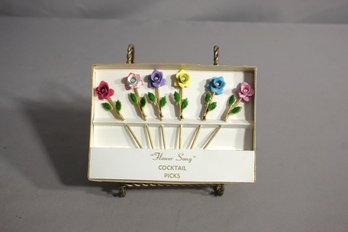 Enamel 'Flowers Song' Cocktail Picks 6-pack In Original Package - Vintage