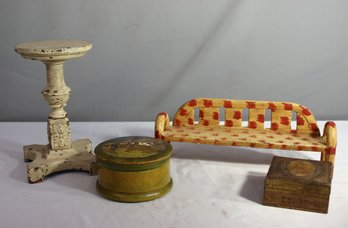 Group Lot Of 4 Vintage Hand-Painted Wooden Boxes & Furniture Miniatures