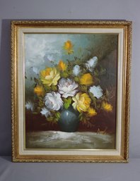 Elegant Frame With Original On Canvas Yellow & White Roses Still Life, Signed LR