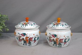A Pair Of Vintage Chinese Famille Verte Enamel Decorated Lidded Vases