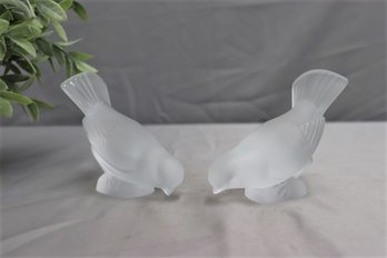 Pair Of Lalique Crystal Pruning Sparrow Bird Glass Paperweights Figurines Signed