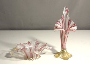 Murano Glass Zanfirico Vases With Gold Leaves & Candy Stripe Glass Bowl