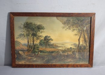 Antique Scenic Landscape Print In Elegant Wood Frame