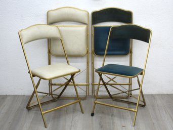 Set 4 A. FRITZ And Co Folding Chairs. Gold Tone Frames With Blue Velvet & Vinyl Seats