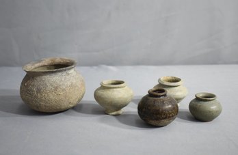 Group Lot Of 5 Southeast Asian Archaic Pottery Vessels - Labels On Bottoms Indicate Source And Age