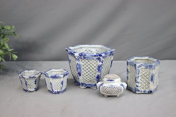 Vintage Japanese Blue And White Reticulated Censer And 4 Varied Blue And White Reticulated Planters