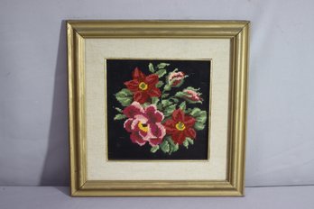 Vintage Framed Needlepoint Wall Art Red And Pink Flowers On Dark Ground