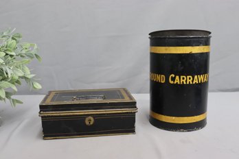 Vintage Black And Gold Metal Bank Box And Lidded Ground Carraway Spice Canister