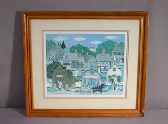 Vintage Primitive Style Color Print Village Afternoon By Cate Mandigo Studio