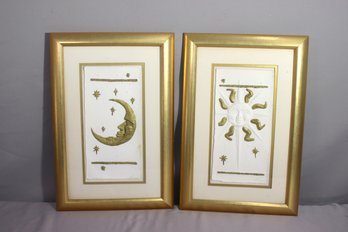 A Pair Of Golden Framed Bas Relief Sun And Moon Montages, Signed By Artist LR
