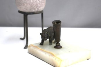 Antique Metal Bear Pen Holder On Marble Base