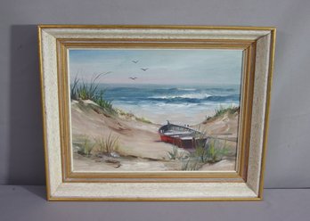 Vintage Original Oil On Canvas Red Boat And Ocean Beach, Signed LL