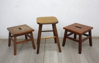 Trio Of Vintage Wooden Stools: A Rustic Collection