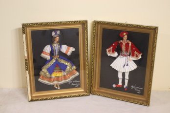 Pair Of Vintage Set Of 2 Authentic Amalia Cats Dolls Greek Costumes Signed