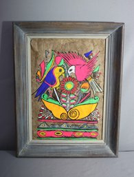 Vintage Mexican Folk Art Amate Paper/bark Hand Painted Bright And Colorful Birds