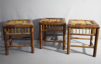 Set Of Three Vintage Bamboo Stools With Rattan Tops