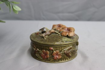 Metal Enameled Bejeweled 3D Hummingbird Floral Trinket Box Mirrored Lid Round