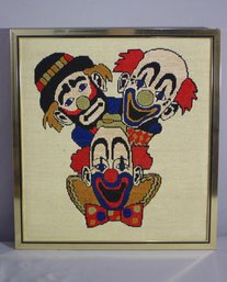 Framed Vintage Trio Of Clown Heads Needlepoint Wall Art