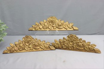 Three Gold Painted Molded Gesso Roses Wall Pediments/Hangings